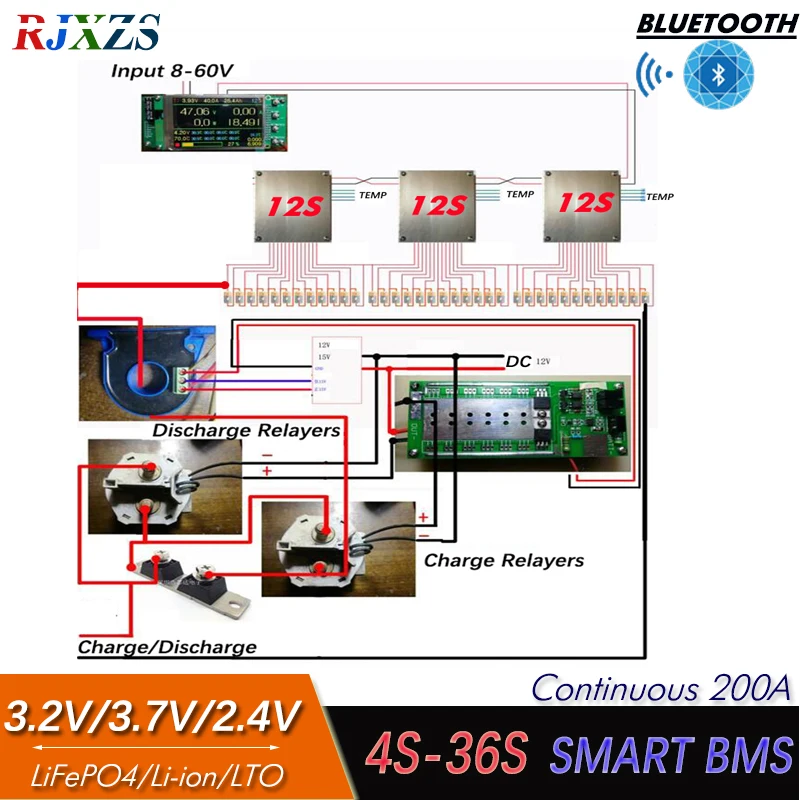 4S to 36S 200A/300A Relay Smart BMS  with LCD For LTO /LiFePO4 /Li-ion Multiple Series Battery Compatible-Bluetooth App Monitor