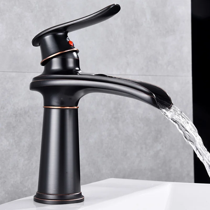 Toilet Waterfall Faucet Black  Single Handle Brass Faucet Bathroom Sink Single Hole Basin Faucet Hot and Cold Water