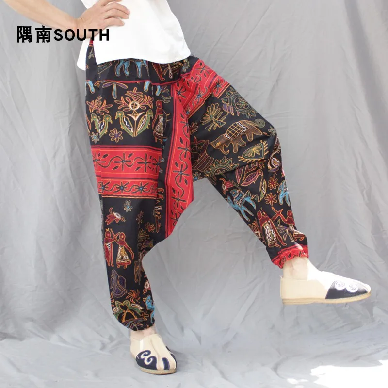 

Men Harem Pants Drop Crotch Pockets Joggers Print Nepal Thai Trousers Men Loose Hip Hop Baggy Boho Cotton Linen Wide Leg Pants