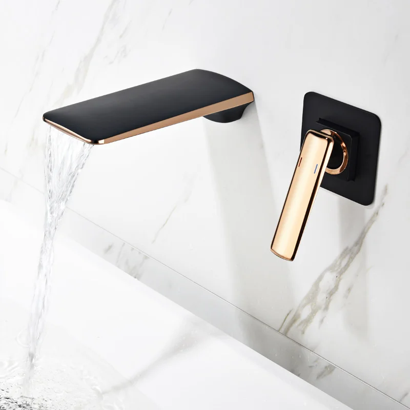 

Brass Basin Faucet for Bathroom, Sink Mixer, Hot and Cold, Single Handle Lavatory Crane, Waterfall Type Taps, Rose Gold, Black