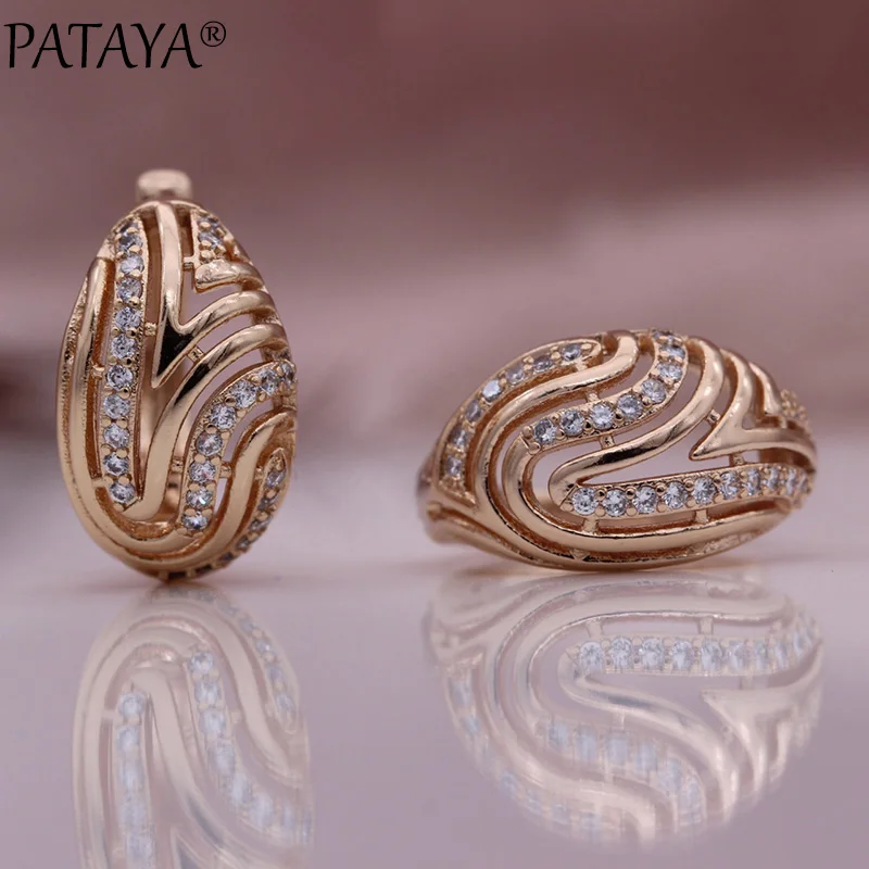 PATAYA New Hollow Drop Earrings Ring Sets 585 Rose Gold Color Natural Zircon Fashion Jewelry Set Women Wedding Luxury Fine Noble