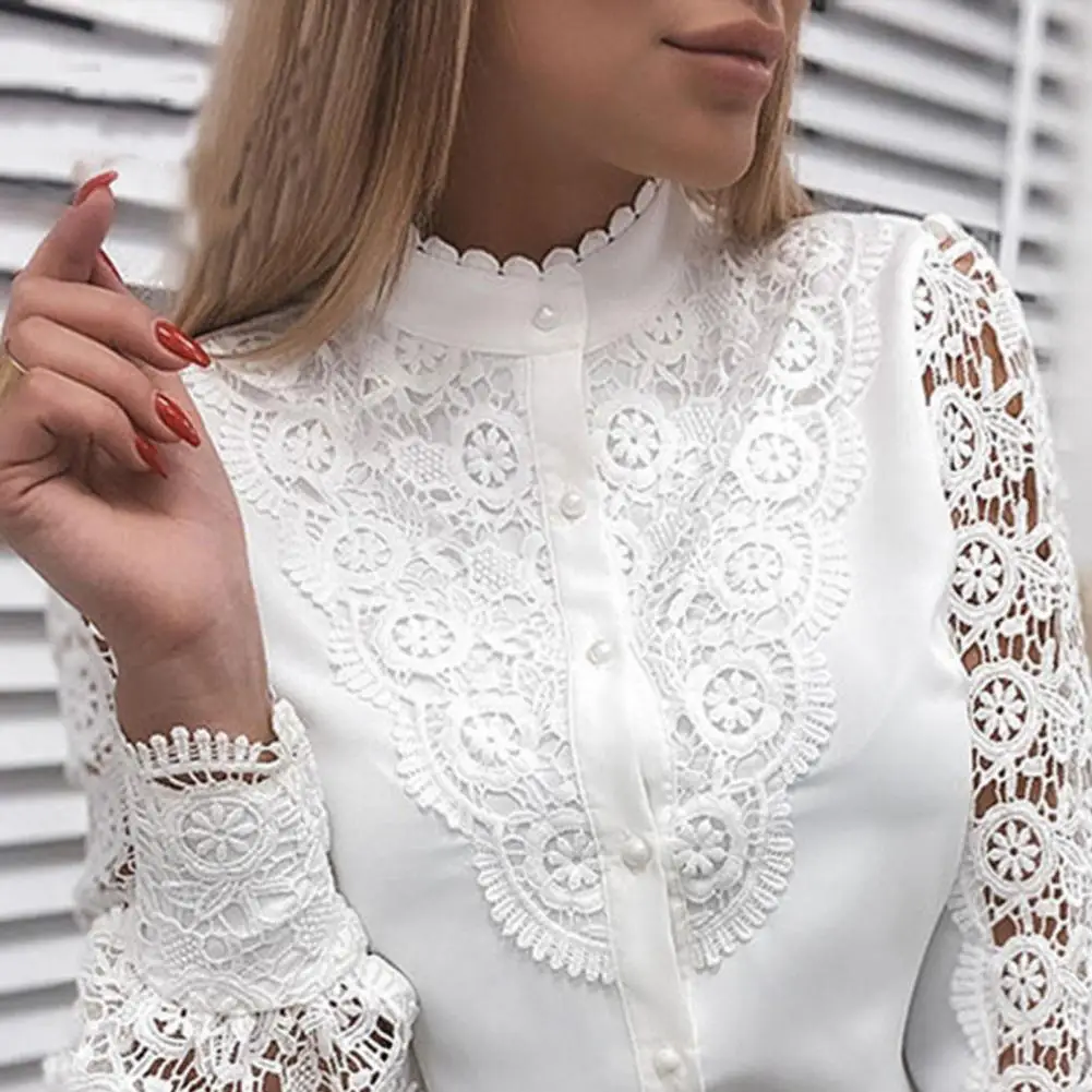 Women Sexy Lace Patchwork Hollow Out Shirt Blouse Long Sleeve O-Neck Mesh Design Tops 2022 Spring White Vintage Button Shirt Hot