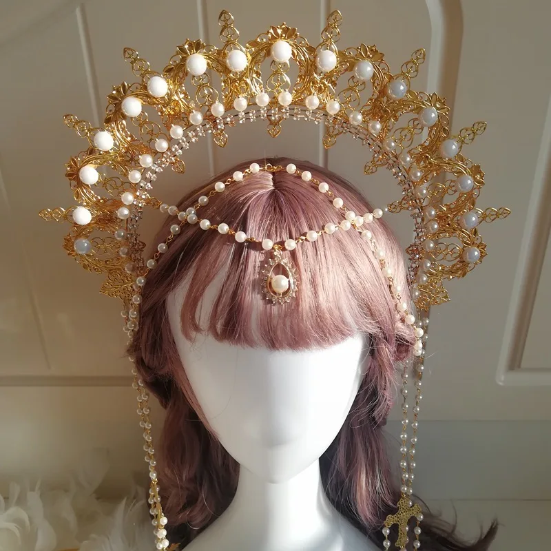 Lolita Halo Headpiece Mary Goddess Gold Crown Beading Headdress Wedding Christmas Halloween Hair Hoop Headdress Accessories