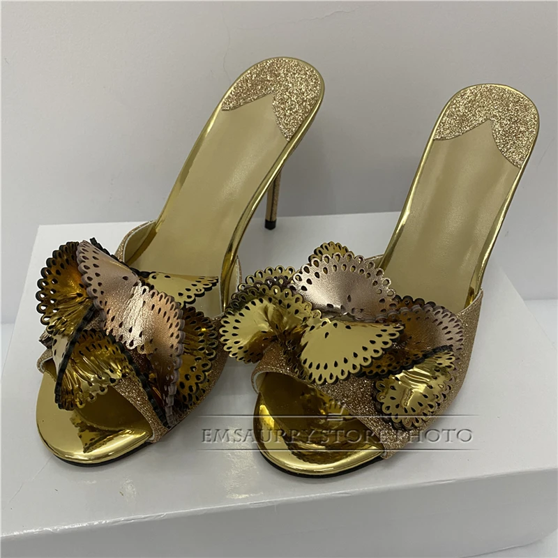 Piegato fiore fatto a mano scarpe tacco alto donna 10cm tacco sottile punta aperta Bling panno con paillettes estate 2024 sandali Chic donna