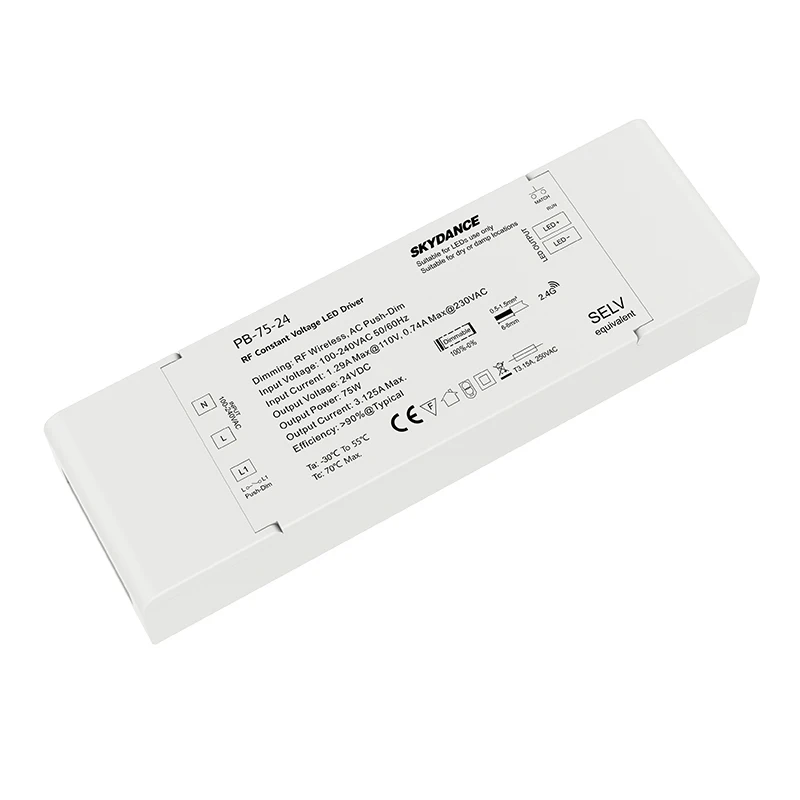 Nowy sterownik przyciemnianie LED RF 2.4G sterowanie bezprzewodowe AC 110V 220V do DC 12V 24V 75W wyjście CV stałe napięcie PB-75-24