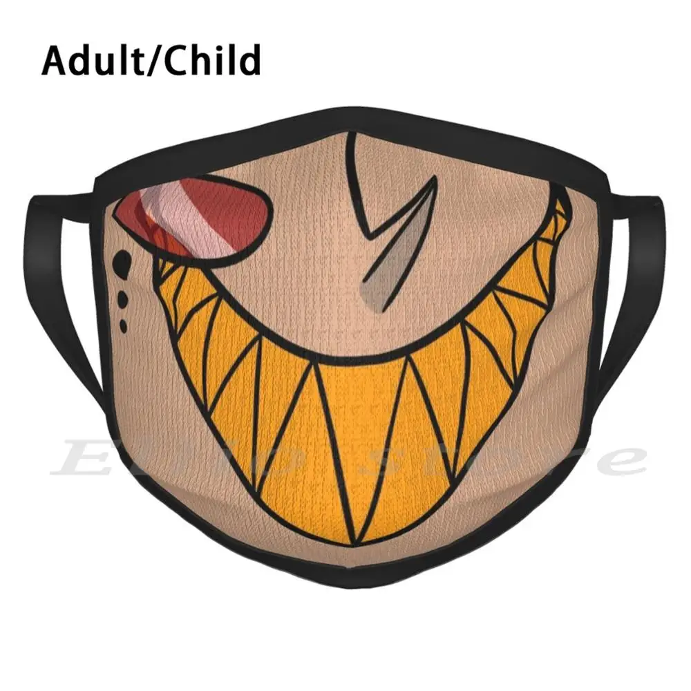 Demônio de rádio adulto crianças anti poeira diy cachecol máscara alastor sorriso hazbin sorriso dentes amarelo vermelho cinza rosa pontiagudo feliz assustador bonito