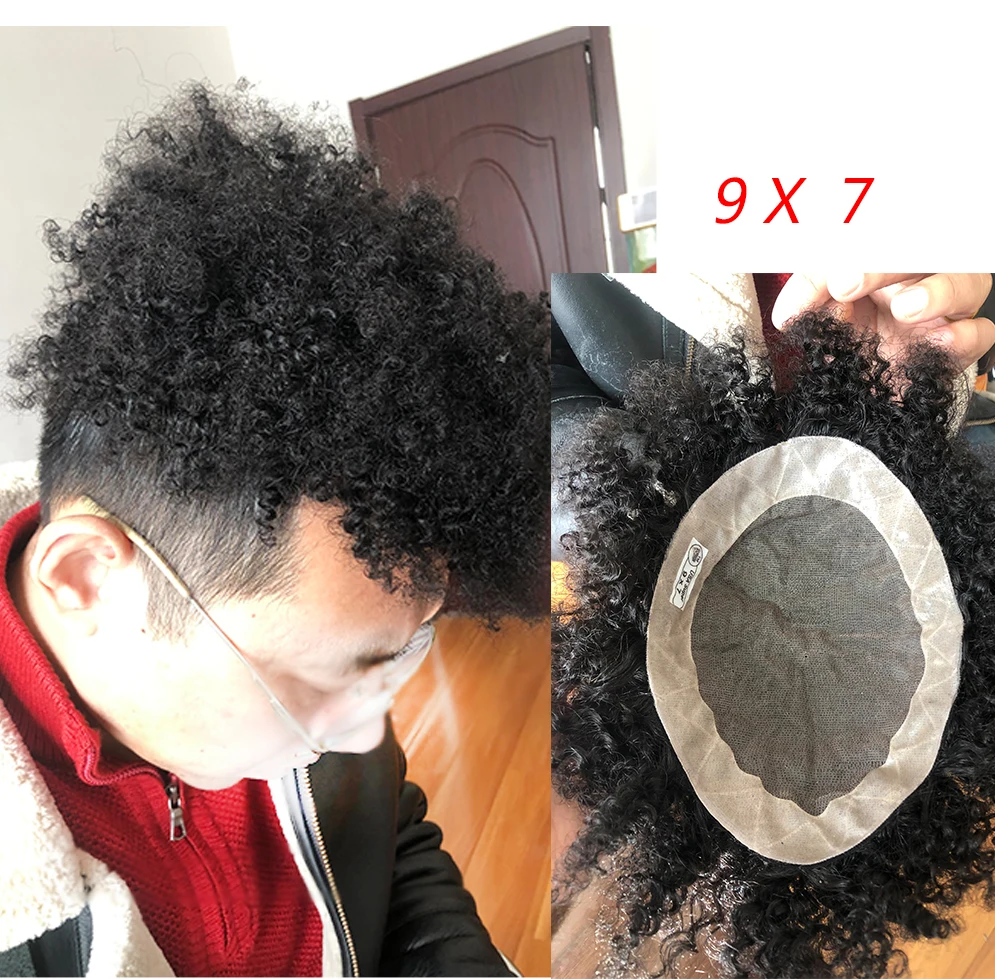 2021 New Hairstyle  Afro Curly Toupee Men Toupee Replacement Systems Black Curl Human Hair Toupee for Black Men 8''x6''Base