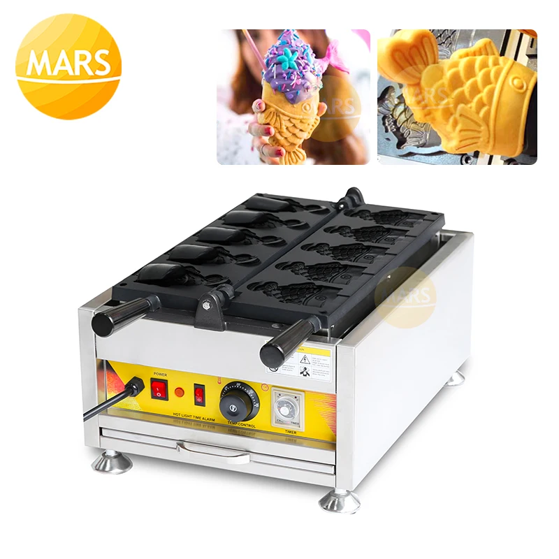 Commercial Taiyaki Fish-Shaped Waffle Maker 110V 220V Open Mouth Taiyaki Ice Cream Machine Fish Cone Baker in Catering Equipment