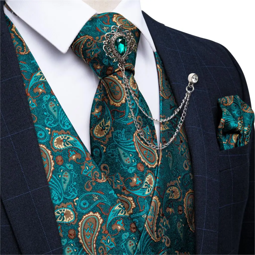 New Teal Green Paisley 100% Silk Formal Dress Vest Men's Suit Vest Waistcoat Tie Brooch Pocket Square Set for Tuxedo DiBanGu