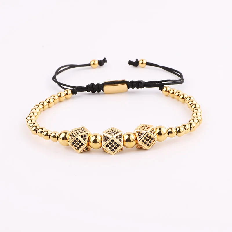 New Design Luxury Crown Jewelry Gold Plated CZ Pave Charm Beaded Macrame Bracelet Set Male