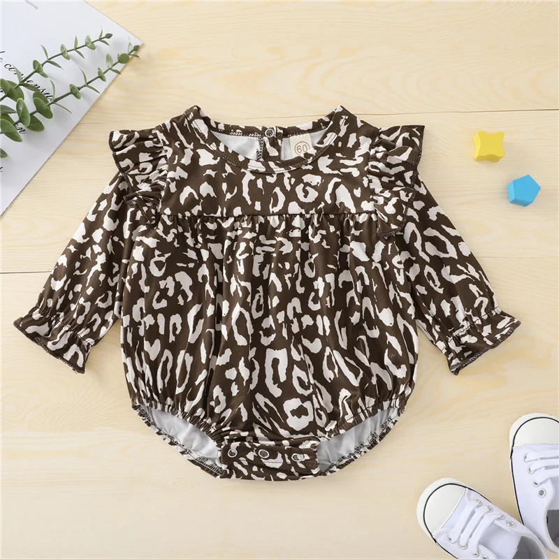 Blotona Newborn Baby Girls Casual Long Sleeve Jumpsuits Fashion Leopard Ruffles Stitching Triangle Romper, 0-24Months