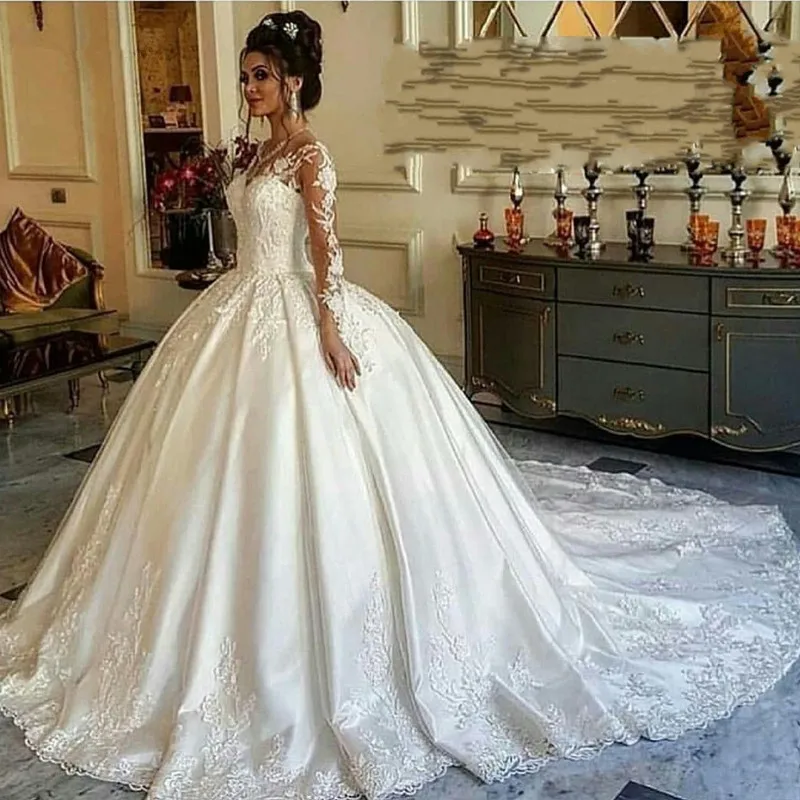 Satin Long sleeve Muslim wedding dress lace 2020 Ball gown wedding dresses robe mariee Wedding gown luxury vestidos de boda