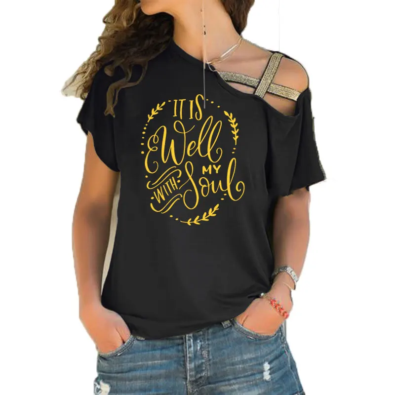 it is well with my soul T-Shirt Christian Casual Stylish Religious Tee Summer Cotton Irregular Skew Cross Bible Verse Tops