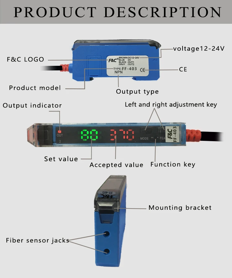 FF-403P 100us PNP NO/NC Digital Fiber Optic Amplifier Sensor Supplier