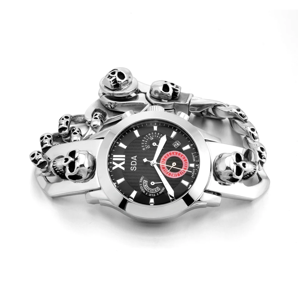 SDA New Fashion Design for Cool Men Giving Fashion Silver 316l Stainless Steel Japanese Movement Quartz Skull Watches W200