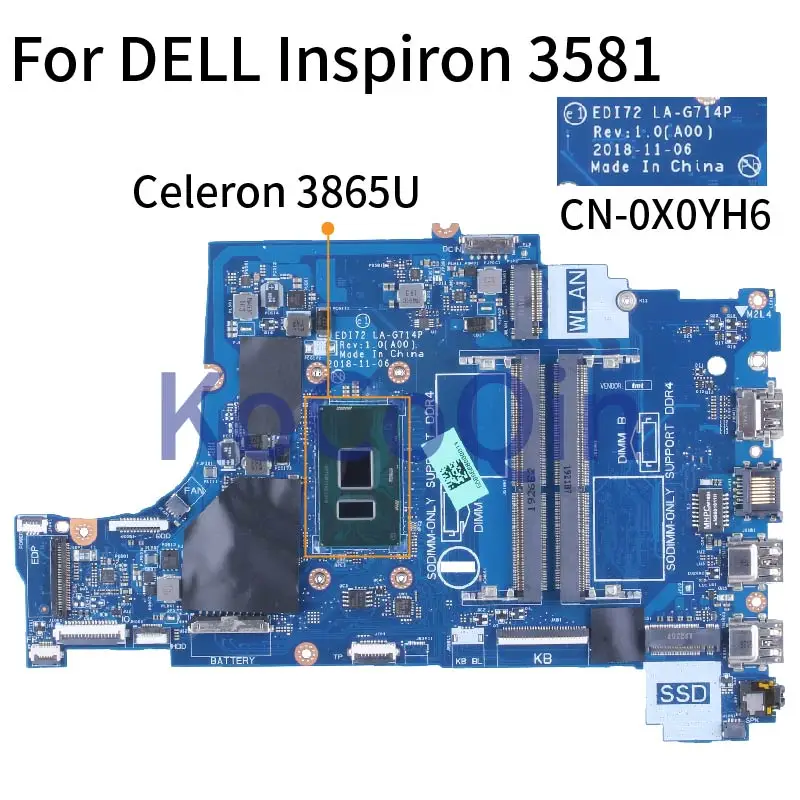 Imagem -02 - para Dell Inspiron 3581 Celeron 3865u Notebook Mainboard 0x0yh6 La-g714p Sr349 Ddr4 Computador Portátil Placa-mãe