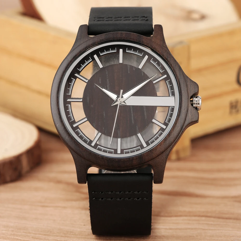 Ebony Wood Watch Men's Transparent Hollow Dial Wooden Watches Analog Timepiece Vintage Quartz Wrist Watch Clock Reloj de madera