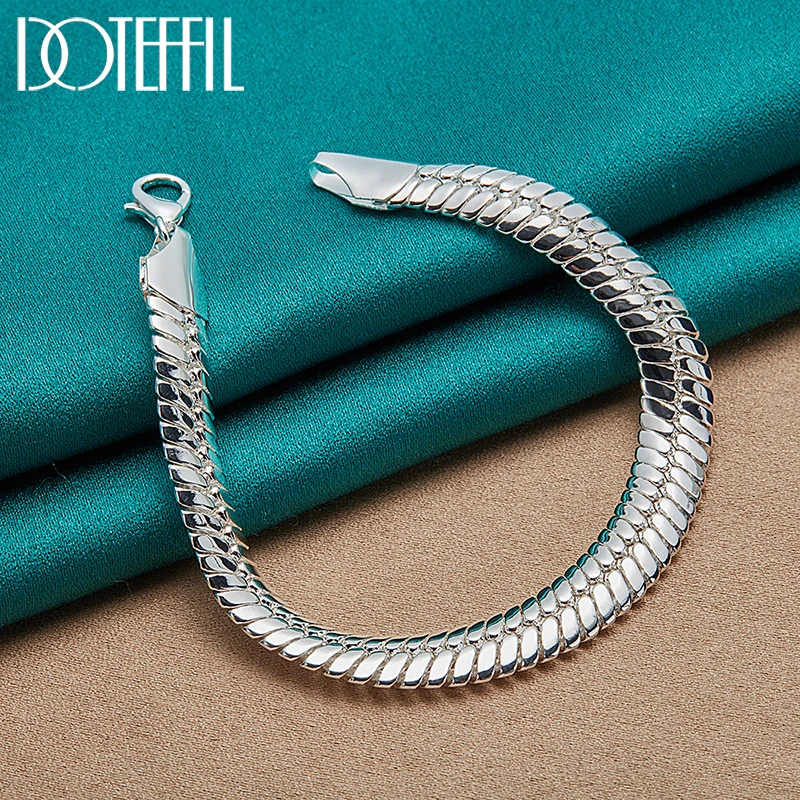 DOTEFFIL 925 Sterling Silver 10mm Side Snake Chain Bracelet For Man Women Wedding Engagement Party Fashion Jewelry