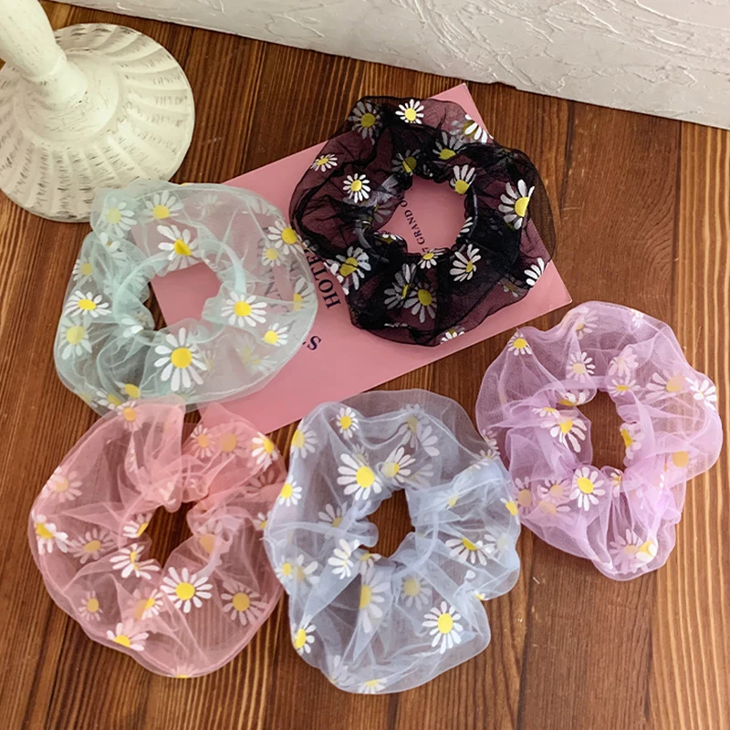 1pc 노란색 데이지 꽃 얇은 메쉬 헤어 로프 고무 밴드 로프 탄성 소녀 Scrunchies 포니 테일 홀더 헤어 밴드 넥타이 액세서리