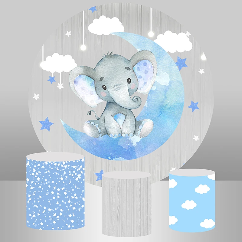 Round Backdrop Elephant Baby Shower Newborn Blue Twinkle Star Boys 1st Birthday Party Circle Photo Background Cylinder Cover