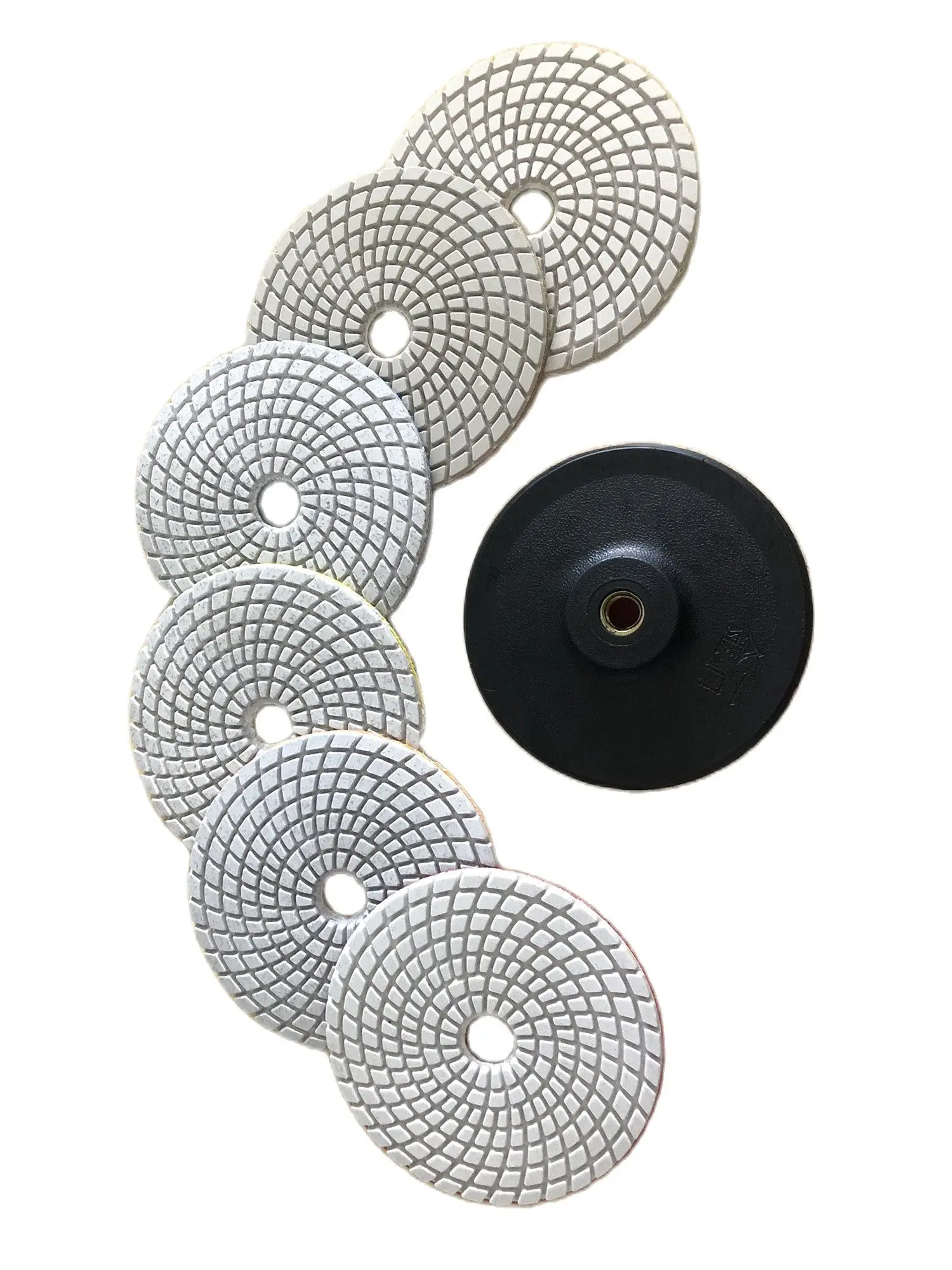 5 PCS 4 Inch 100mm Spiral Pattern White Wet Diamond Polishing Pad Sharp Type Flexible With 1 Backer Pad For Granite Marble Stone