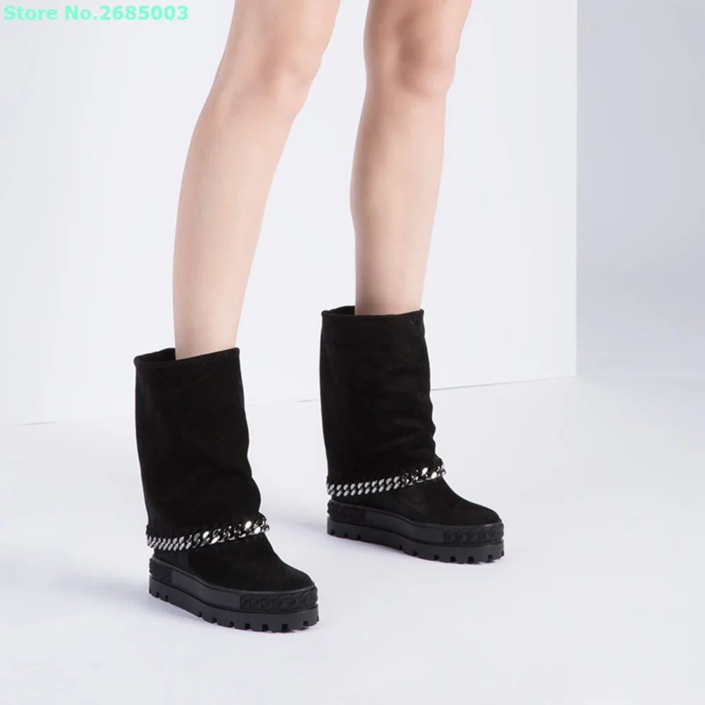 Height Increasing Metal Chain Boots Slip On Mid Calf Round Toe Suede Women Concise Winter Warm Party Dress Boots Shoes Black