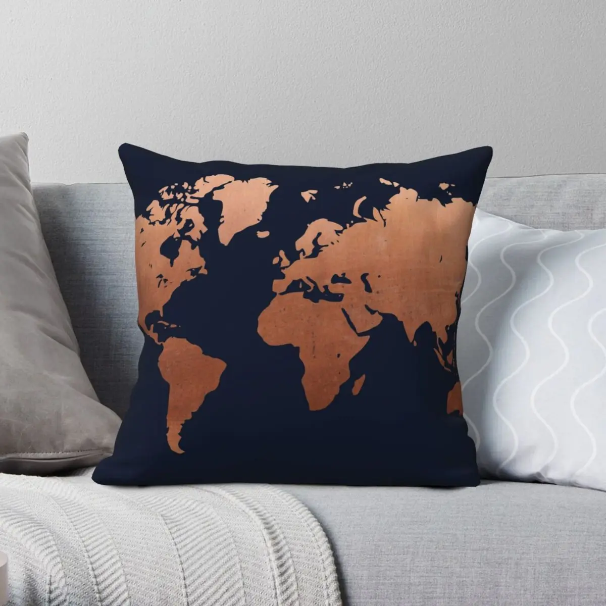 World Map Navy Blue And Copper Square Pillowcase Polyester Linen Velvet Pattern Zip Decorative Pillow Case Room Cushion Cover