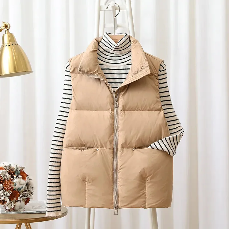 New 2021 Autumn Down Vest Women Stand Collar Warm Loose Waistcoat Short Windproof Gilet Female White Duck Down Coat Sleeveless