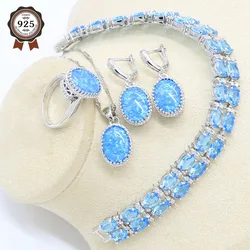 Oval Blue Opal Earrings Necklace Pendant Ring 925 Silver Jewelry Set Women Crystal Bracelet Wedding Birthday Gift