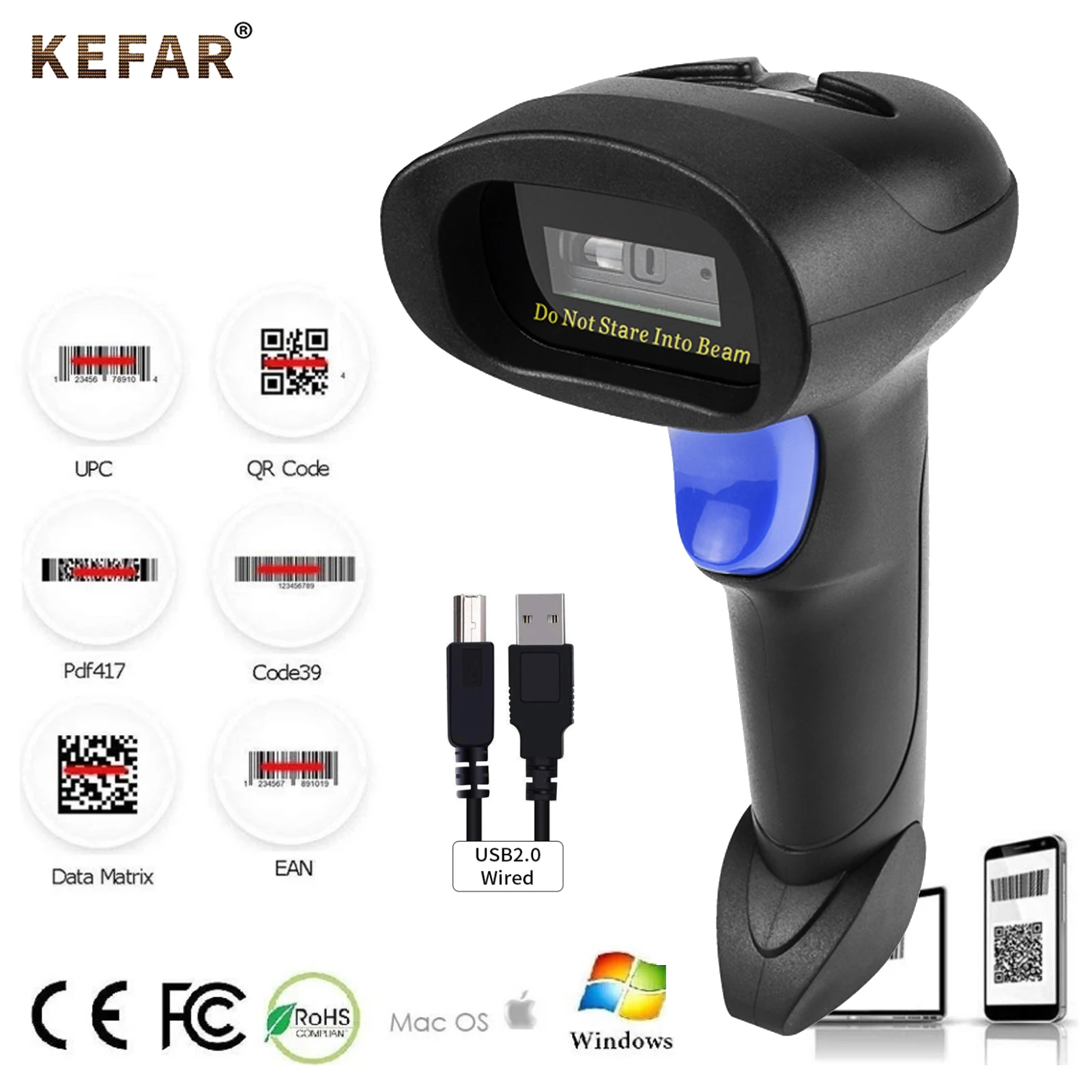 KEFAR 2D Barcode Scanner Wired/Wireless 32 Bit Handheld CMOS Bar Code Reader with Easy Charging 2.4G Cordless Cradle for Store