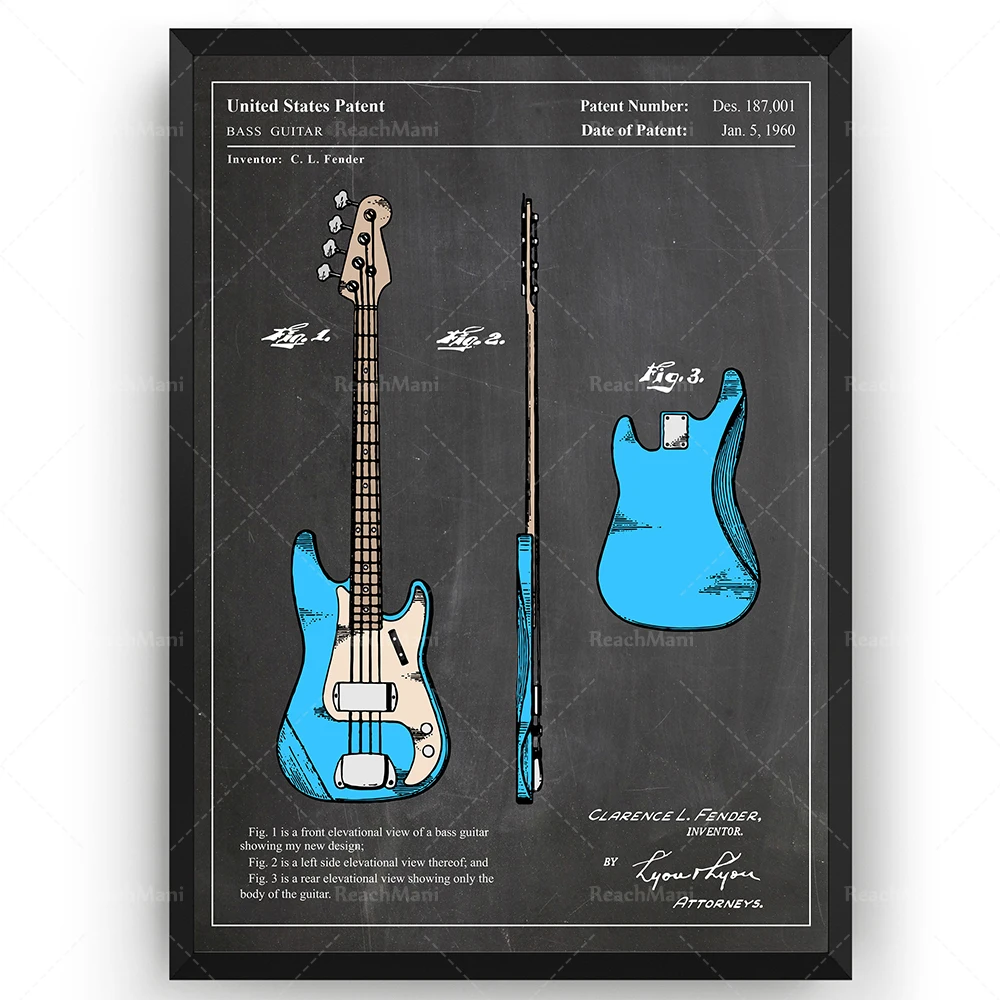 Fender Precision Bass Guitar 1960 Colourised Patent Print Wall Art Poster Blueprint Gifts