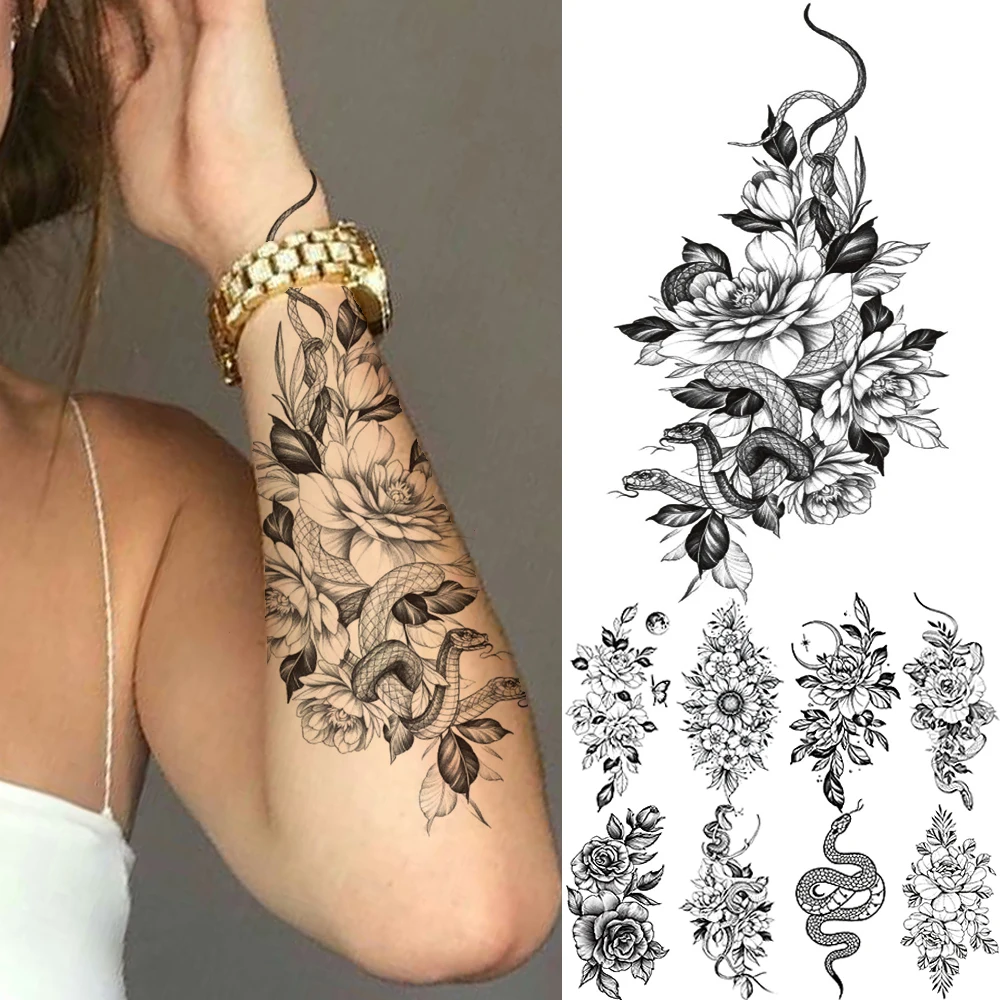 Black Large Snake Flower Fake Tattoo Sticker For Women Dot Rose Peony Temporary Tattoos DIY Water Transfer Tatoos Girls