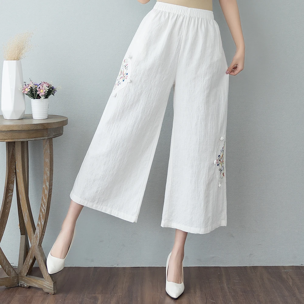 Ethnic Clothes Chinese Traditional Cotton Linen Cropped Pants Ladies Retro Vintage Clothes For Women Wide Leg Trousers Low Waist