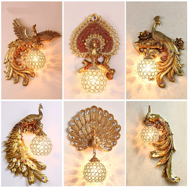 American Style Luxury LED Wall Lamps Mirror Wall Light Peacock Crystal Lampshade Wall Light Bedroom Bedside Kitchen Wall Sconce