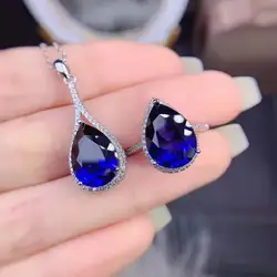 FS Natural Sapphire Drop Pendant Necklace Rings Set  for Women S925 Sterling Silver Fine Fashion Weddings Jewelry MeiBaPJ