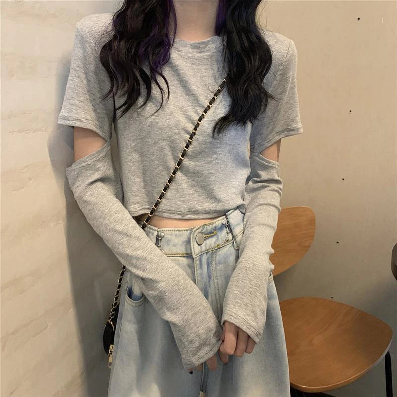 Crop Top Fall 2021 Women Fashion Sexy Sweet Slim Inside Long Sleeve T Shirt Ripped Hole Black White Gray Oversized Punk Clothing