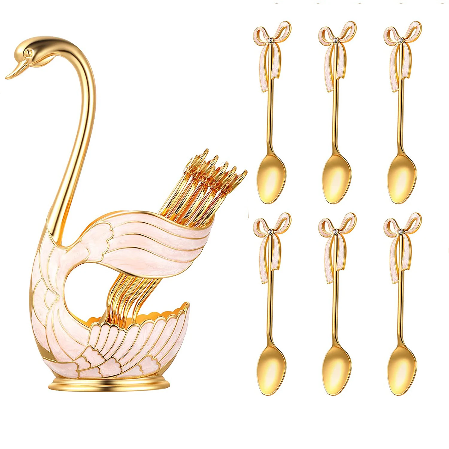 Luxury Metal Coffee Spoon & Fork Set Swan Base Holder With Fruit Ice Cream Spoons Forks Teaspoons Dessert Sugar Salad Flatware