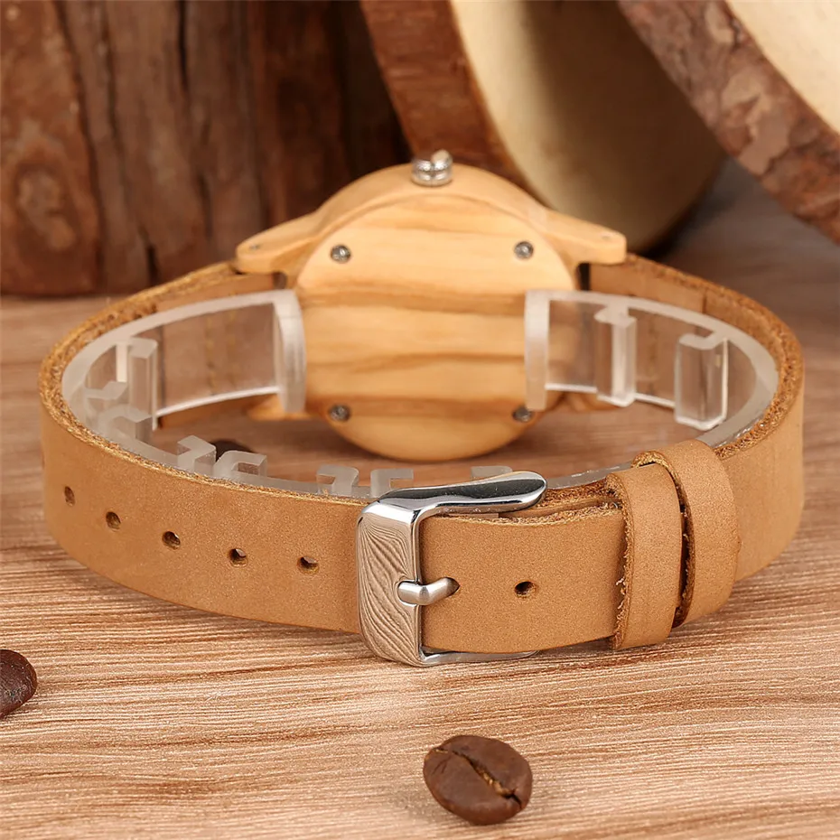 Brown Genuine Leather Wooden Watch for Lady Elegant Women\'s Watch Luxury Wooden Quartz Timepiece New Arrival 2019 reloj femenino