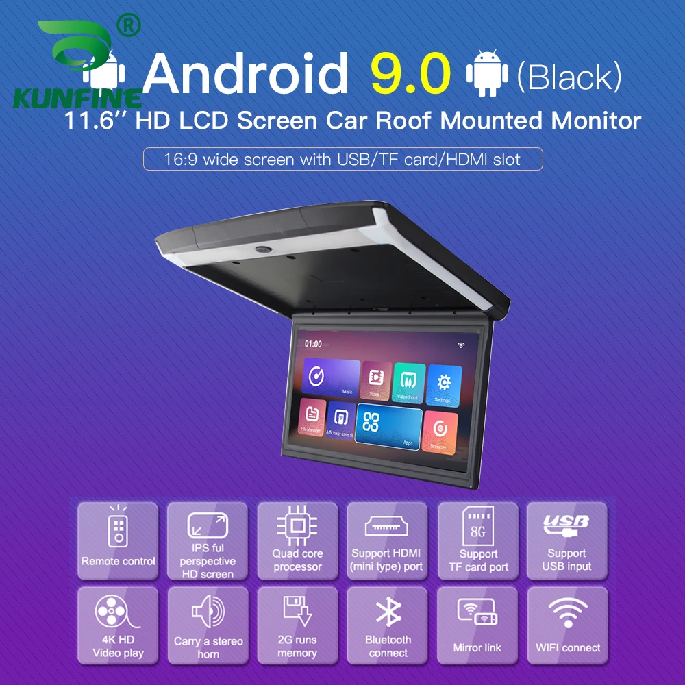 11.6 inch Display digital screen Android 9.0 Car Roof Monitor LCD Flip Down Screen Overhead Multimedia Video Ceiling Roof mount