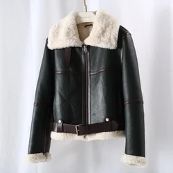 Motorcycle Streetwear Biker Shearling Coat Women New Winter Warm Eco Natural Wool Liner Pilot Jacket Real Fur Overcoat Female