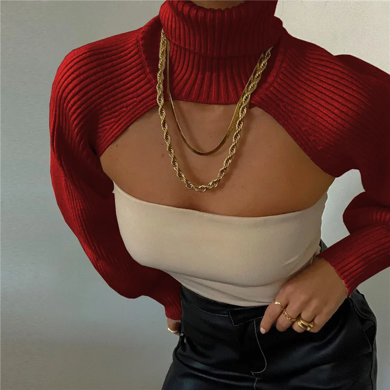 Women Hot Fashion Street Stylish Sweaters Knitwear Tops Slim Stretch Short Pullovers Laddies Solid High Collar Open Back Sweater