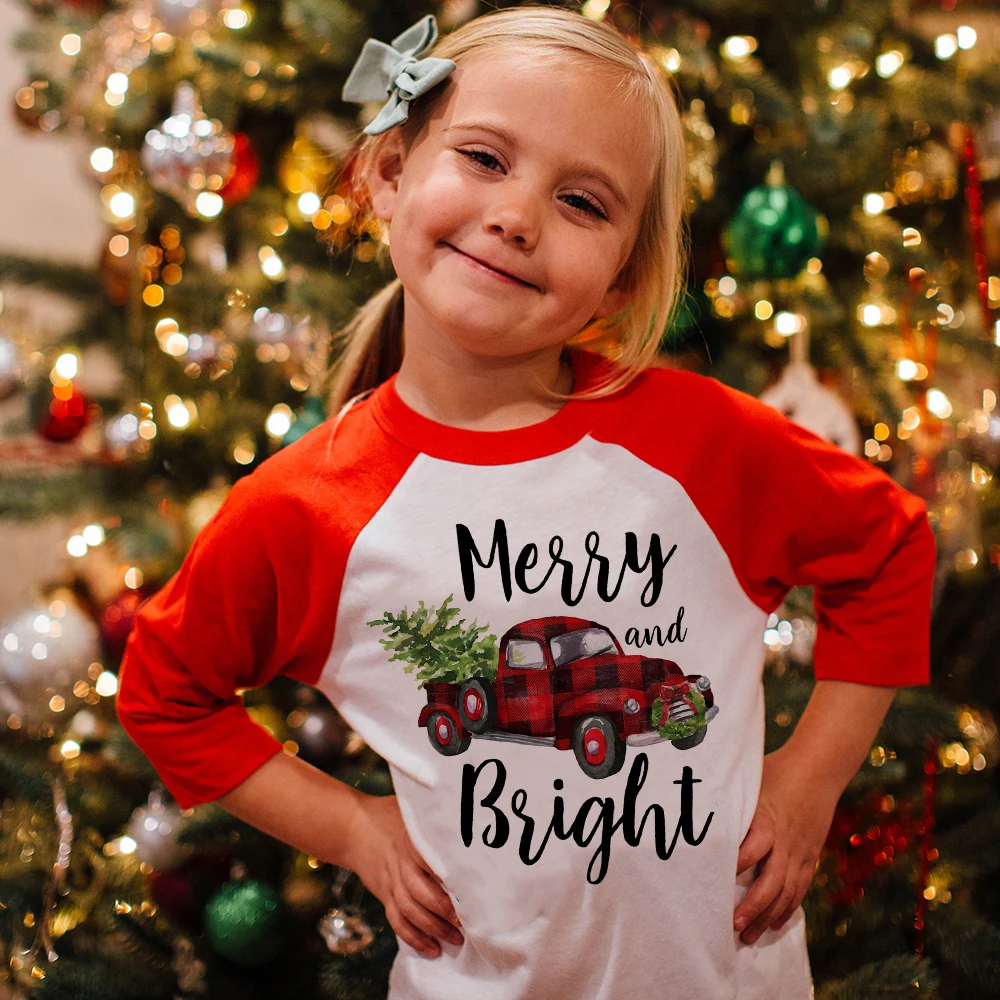 Merry Christmas Kids Long Sleeve Raglan T Shirts Toddler Boys Girls Unisex Graphic Cartoon Xmas Deer Tees Holiday Party Gift Top