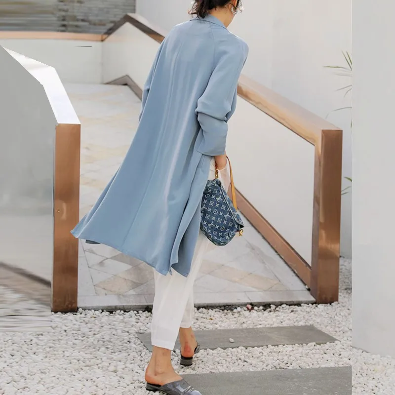 High-end Windcoat Women Trench Coat 100% Heavy Silk Classical Simple Design Dustcoat Sashes 2 Colors Spring New Fashion