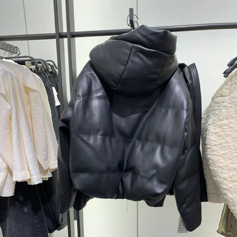 Imagem -06 - Jaqueta de Couro Feminina de Inverno Coreana Jaqueta de Couro Preto Parka com Bolha Cabolsas Jaqueta Cortada com Capuz