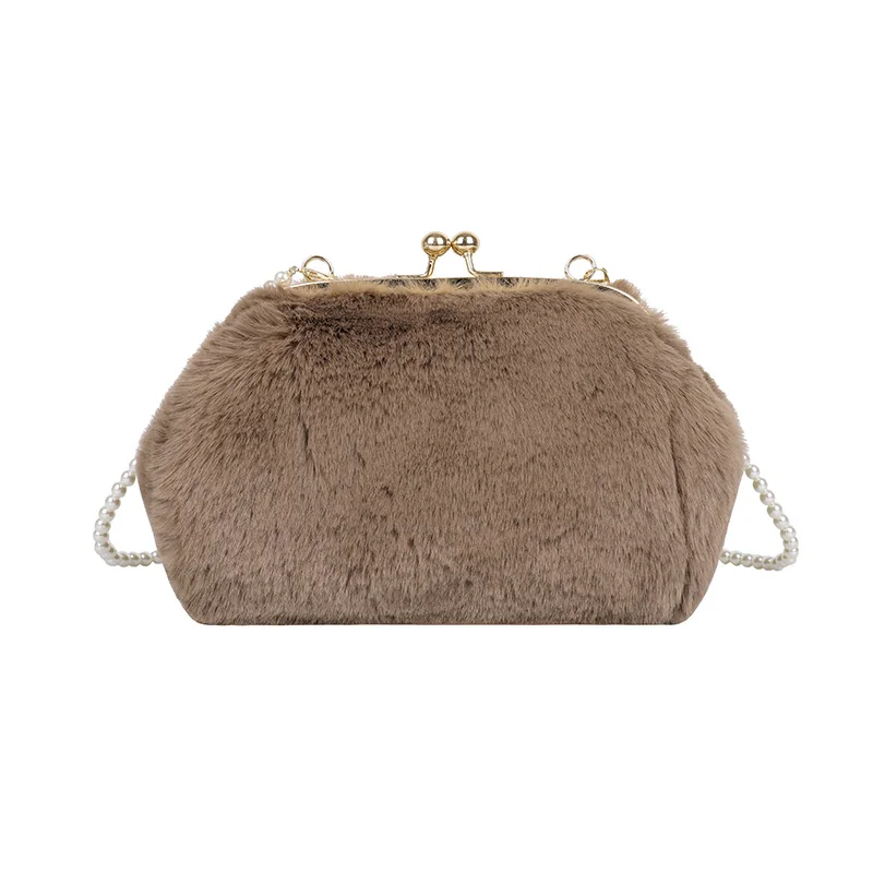 Plush Frame Bags For Women 2021 Winter New Pearl Furry Crossbody Shoulder Bags Solid Fur Luxury Handbag Soft Fluffy Bags Korean