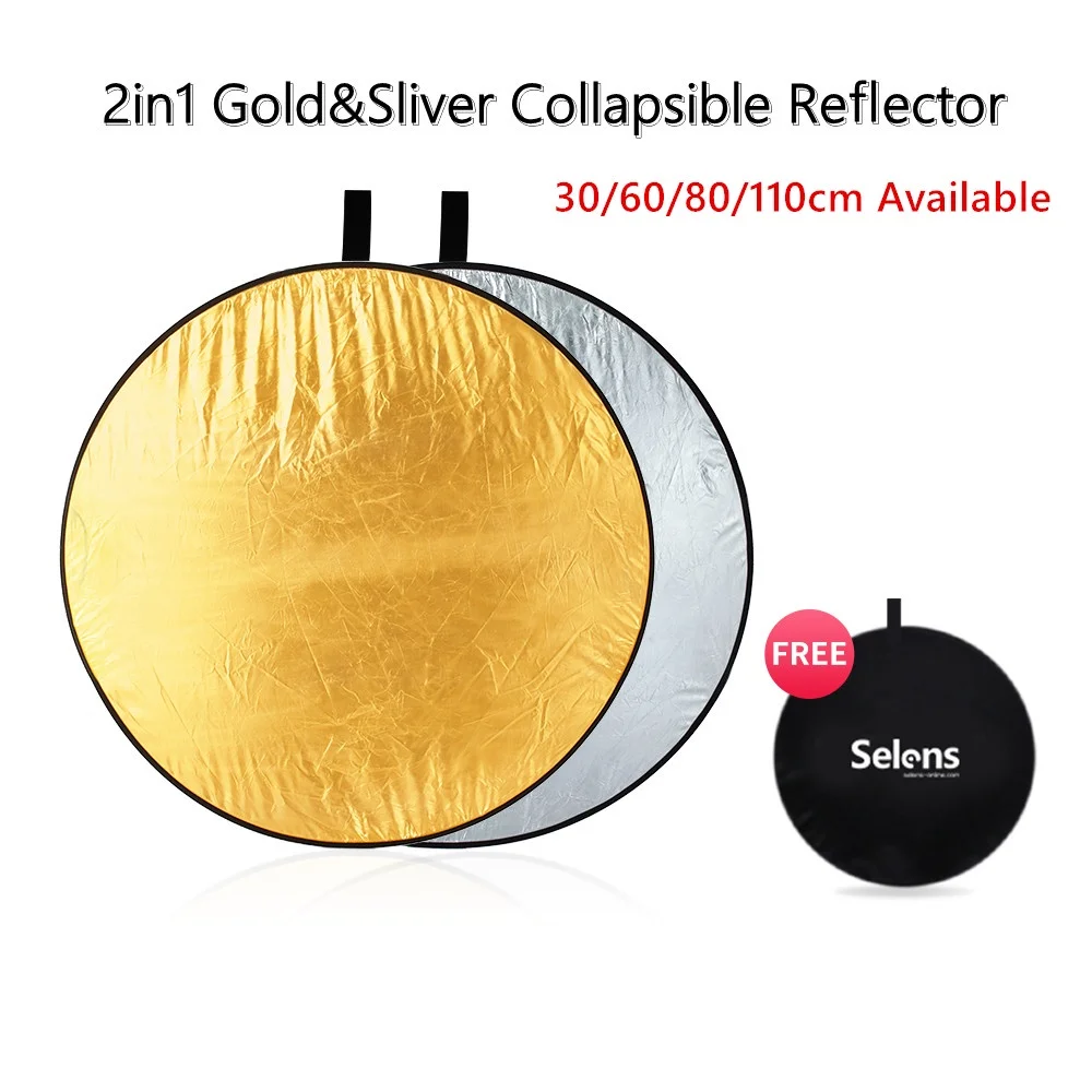 Selens 2 in 1 30/60/80/110 cm Reflector Portable Collapsible Disc Light Diffuser Gold Silver for Selfie Photography Studio