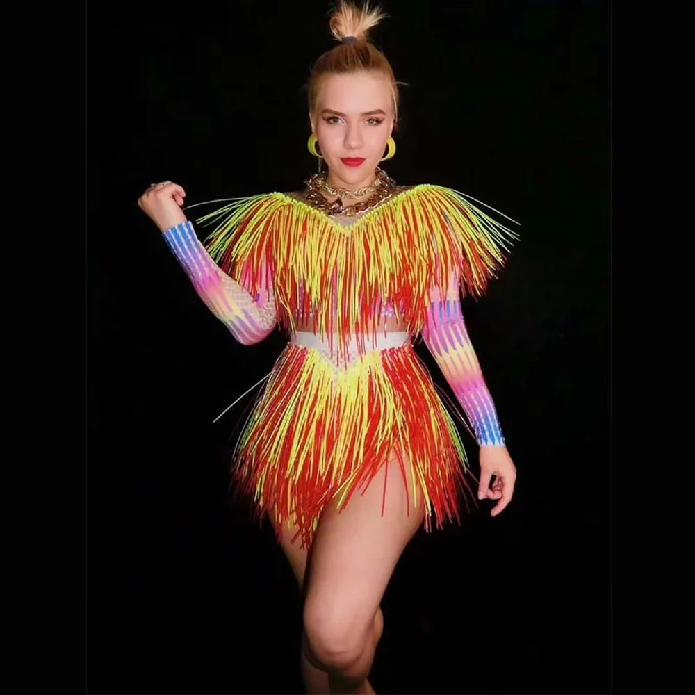 

Nightclub show Colorful Fringes Rhinestones Bodysuit Women Stage Dance Costume Nightclub Dance Female Singer Show Bright Leotard