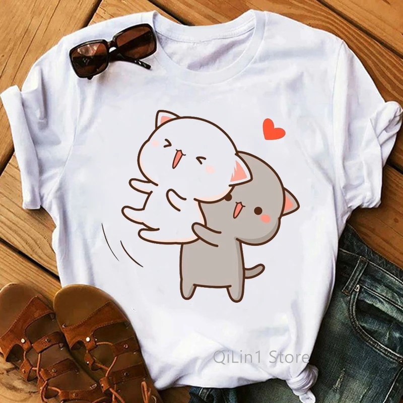 

Harajuku Kawaii Couple Cats Animal Print Tee Shirt Femme Summer Top Women Casual White Short Sleeve T-Shirt 90s 00s Tshirt Tees