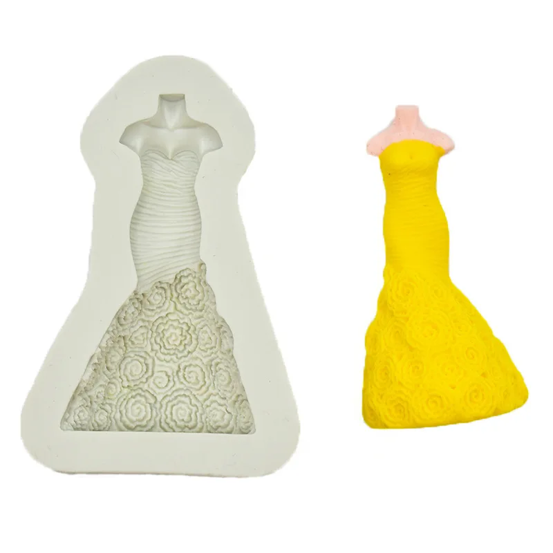 1PC Silicone Mold Bridal Wedding Dress Fondant Evening Dress Skirt Pattern Fudge Cake Mold Clay Craft Decoration Tools Pink