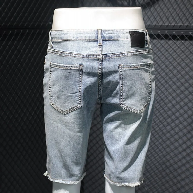 Light Vintage Blue Denim Shorts Men Personality Embroidery Knee Length Straight Trousers Summer Lightweight Casual Mens Jeans